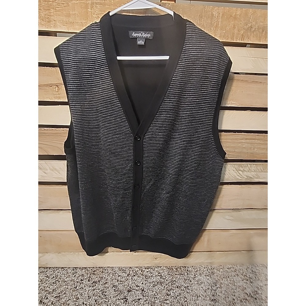 Kenneth Roberts Platinum Sweater Vest Mens Large Merino Wool ‎ Black Stripe